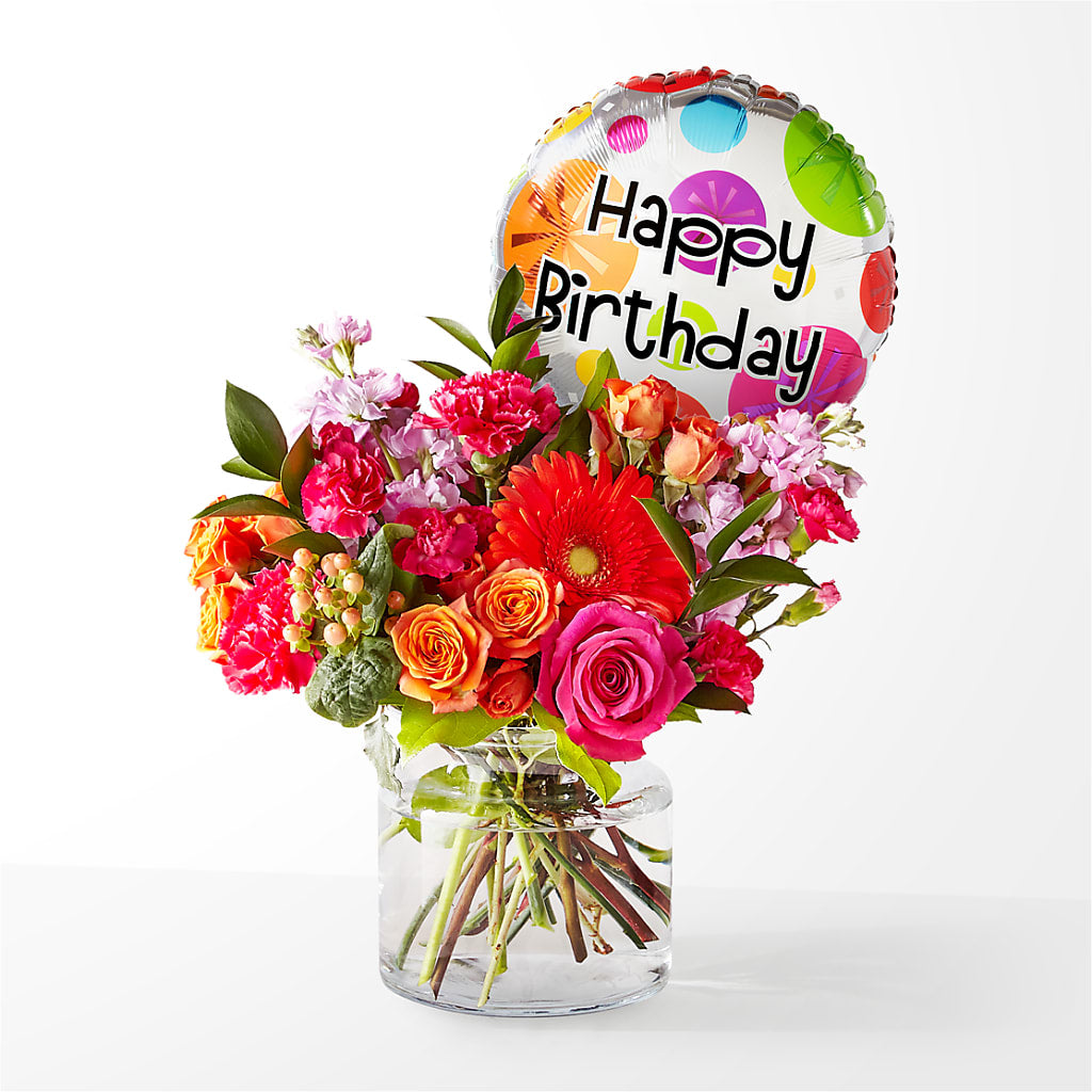 Fiesta Bouquet with Birthday Balloon – Liberty Flower Farm, Forest VA