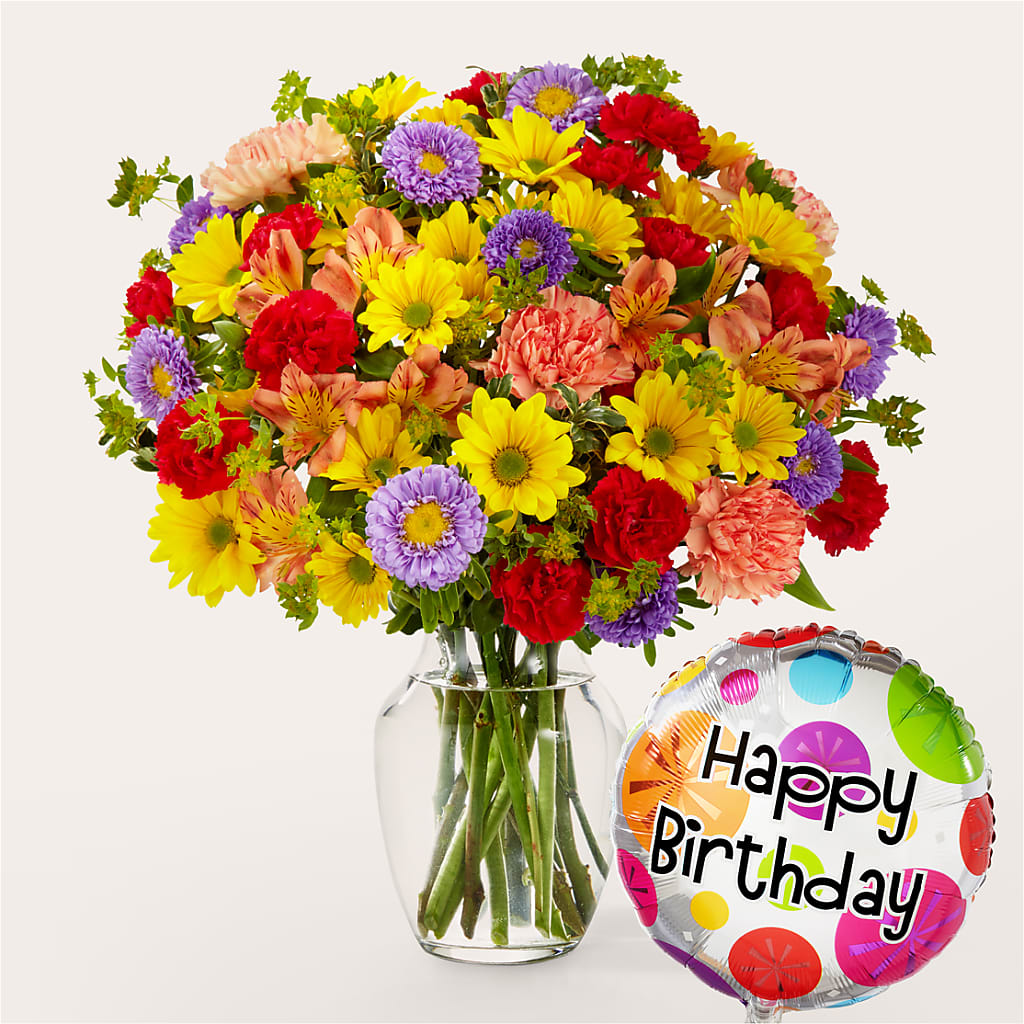 Kaleidoscope Bouquet with Birthday Balloon – Liberty Flower Farm, Forest VA