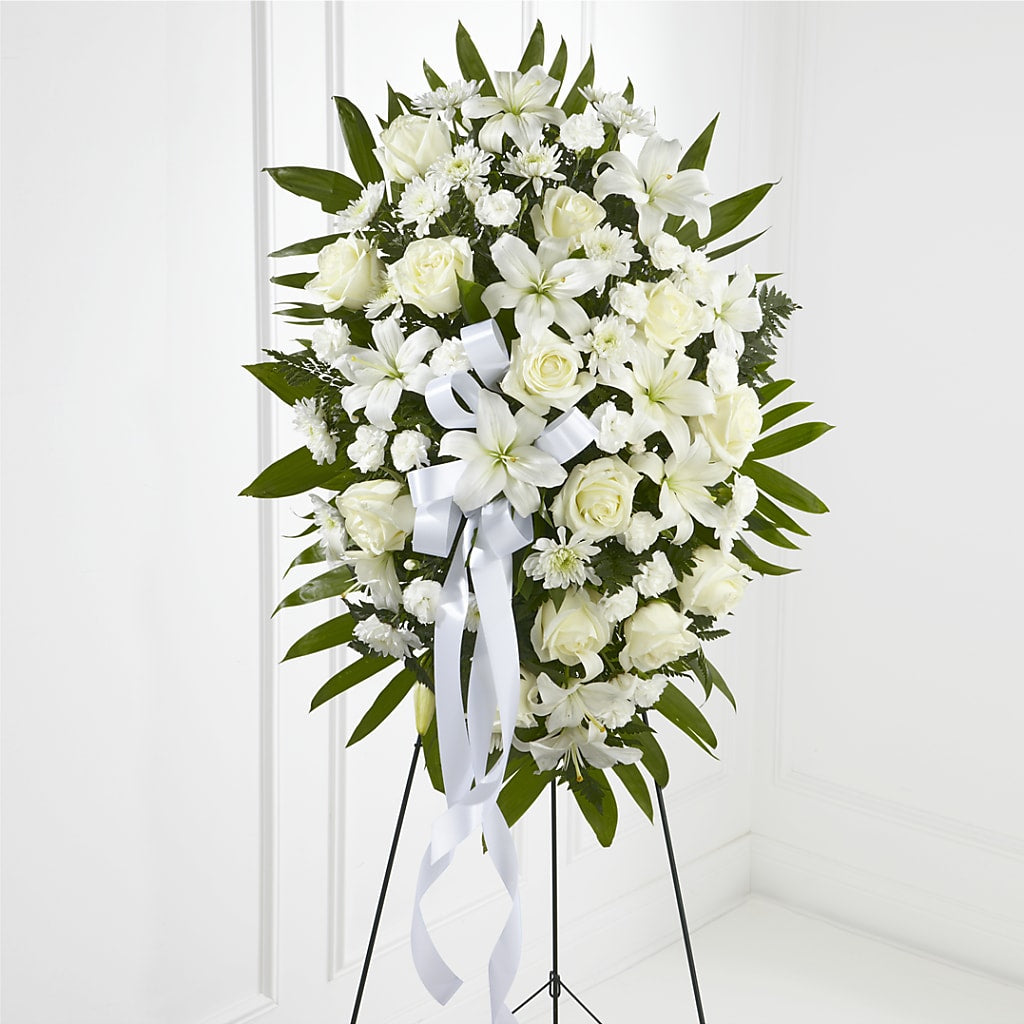 Exquisite Tribute Standing Spray-White Ribbon – Liberty Flower Farm, Forest VA