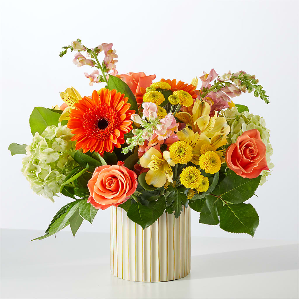 Autumn Sunshine Bouquet with Ivory Vase –  Liberty Flower Farm, Forest VA